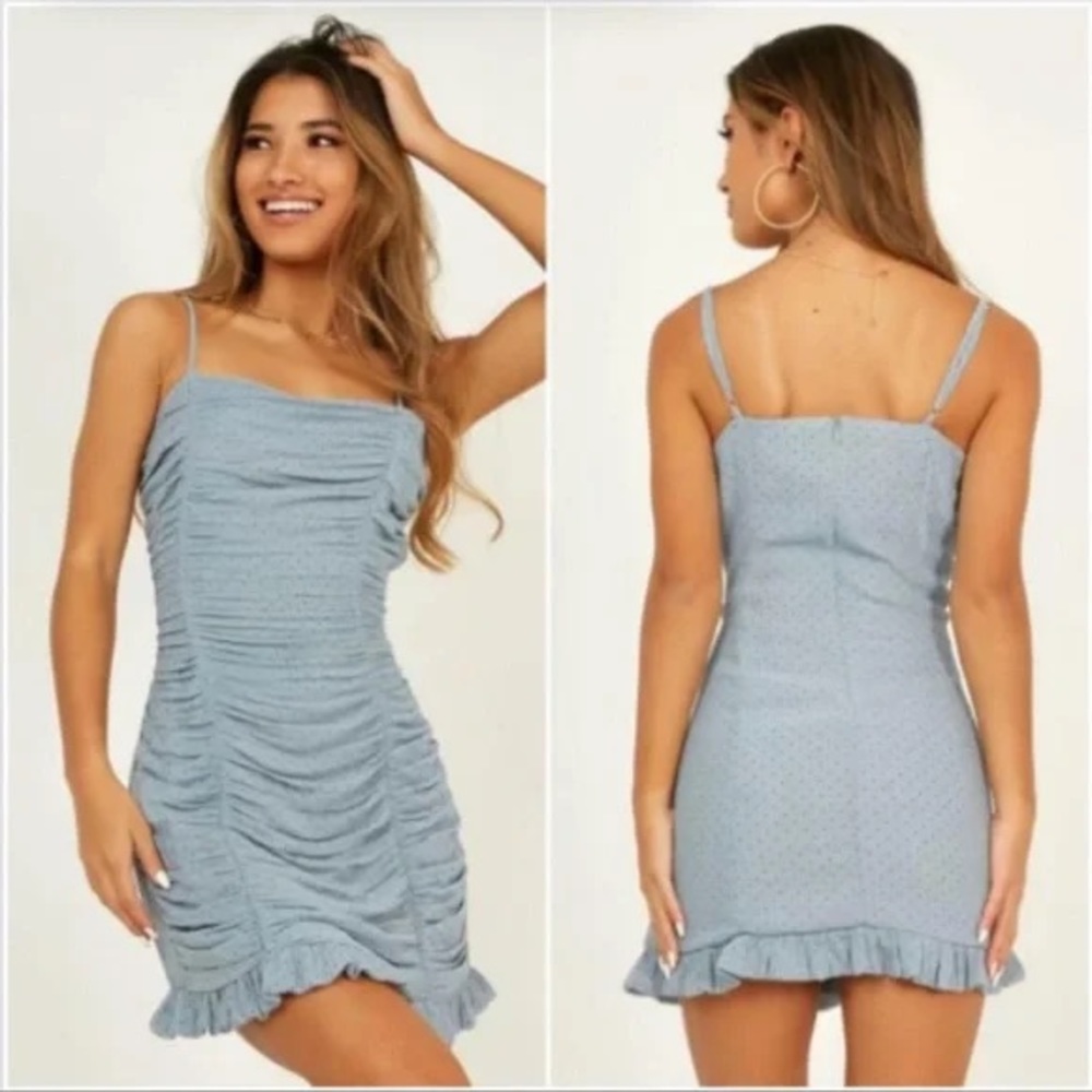 Storia Polka Dot Rouched Ruffle Mini Dress